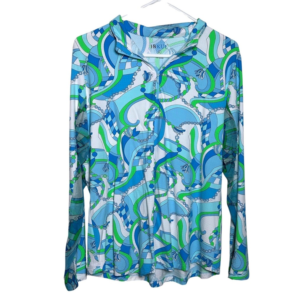IBKUL Womens Blue Green Nautical Rope Print Mesh Panel Quarter Zip Sun Shirt XL